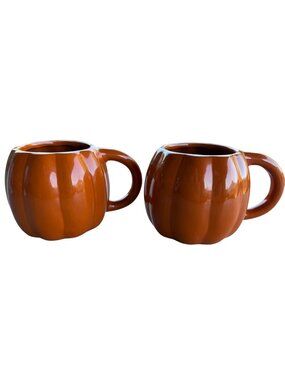 Set of 2 Unbranded Orange Pumpkin-Theme 16 oz. Coffee Tea Ceramic Mugs 3.5"H